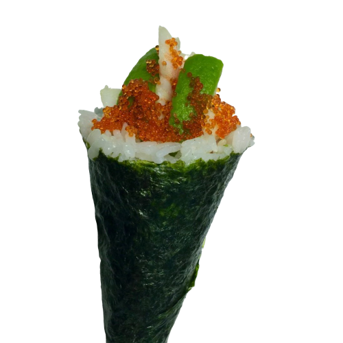 temaki langostino cocido, aguacate con tóbico