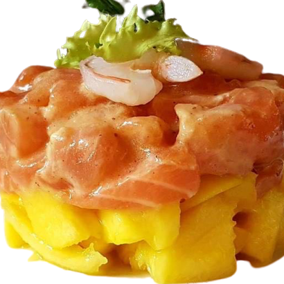 tartar samon con mango gueso y salsa soja de la casa